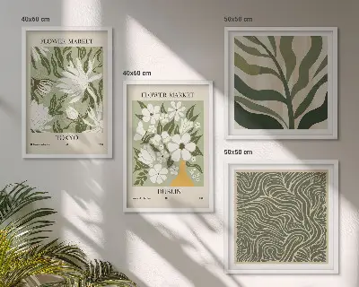 Galería de pared con decoraciones bohemias de estampados de plantas