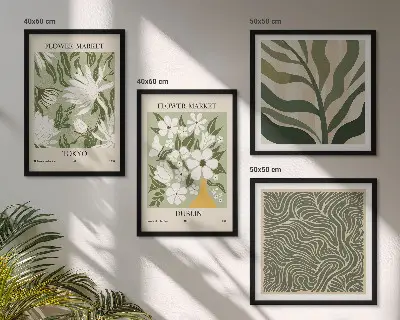 Galería de pared con decoraciones bohemias de estampados de plantas