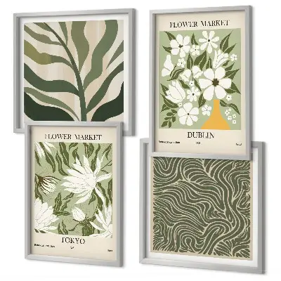 Galería de pared con decoraciones bohemias de estampados de plantas