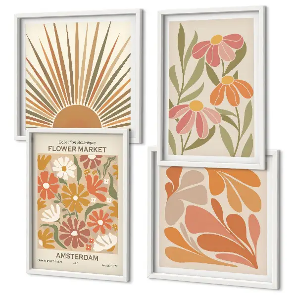 Set de 4 cuadros para salón con diseño de girasoles en colores pastel