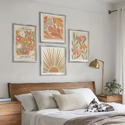 Set de 4 cuadros para salón con diseño de girasoles en colores pastel