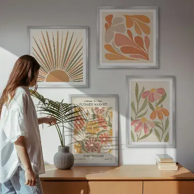 Set de 4 cuadros para salón con diseño de girasoles en colores pastel