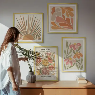 Set de 4 cuadros para salón con diseño de girasoles en colores pastel