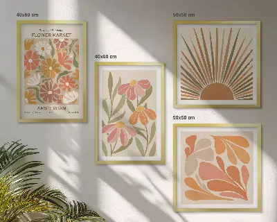 Set de 4 cuadros para salón con diseño de girasoles en colores pastel