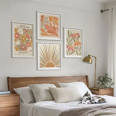 Set de 4 cuadros para salón con diseño de girasoles en colores pastel