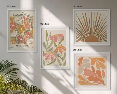 Set de 4 cuadros para salón con diseño de girasoles en colores pastel