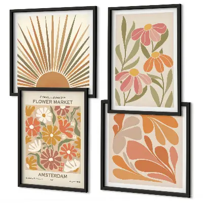 Set de 4 cuadros para salón con diseño de girasoles en colores pastel