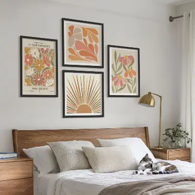 Set de 4 cuadros para salón con diseño de girasoles en colores pastel