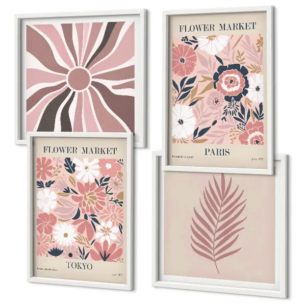 Set de 4 cuadros para salón con motivos de patrones florales, hojas y geometría