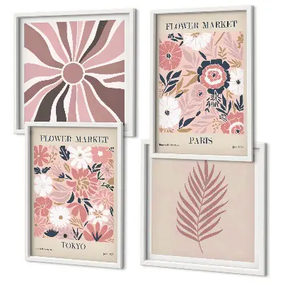 Set de 4 cuadros para salón con motivos de patrones florales, hojas y geometría