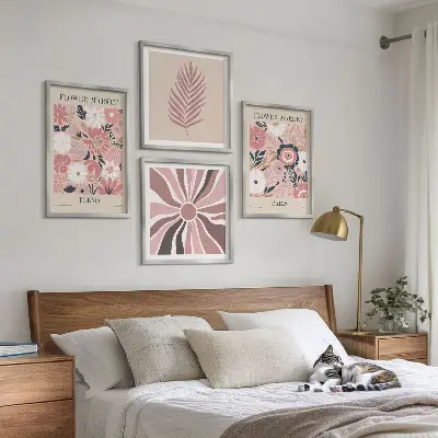 Set de 4 cuadros para salón con motivos de patrones florales, hojas y geometría