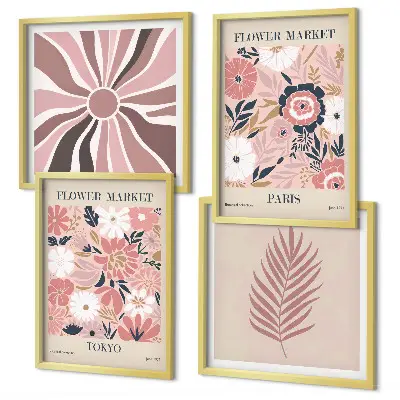 Set de 4 cuadros para salón con motivos de patrones florales, hojas y geometría