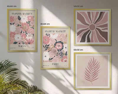 Set de 4 cuadros para salón con motivos de patrones florales, hojas y geometría