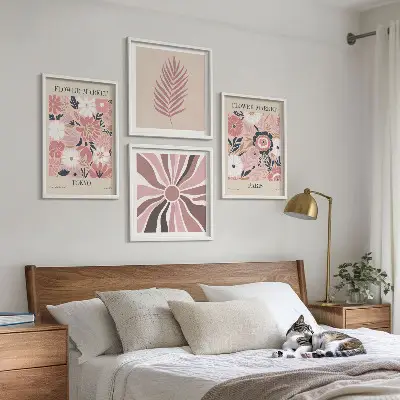 Set de 4 cuadros para salón con motivos de patrones florales, hojas y geometría