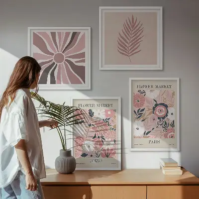 Set de 4 cuadros para salón con motivos de patrones florales, hojas y geometría