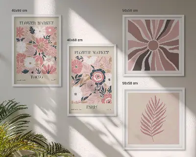 Set de 4 cuadros para salón con motivos de patrones florales, hojas y geometría