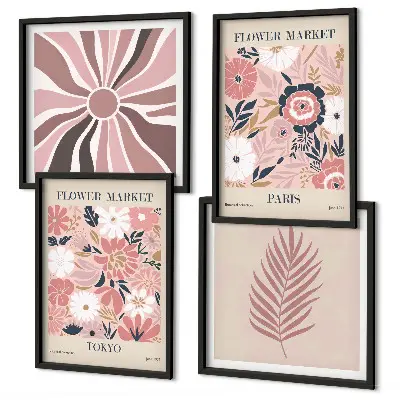 Set de 4 cuadros para salón con motivos de patrones florales, hojas y geometría