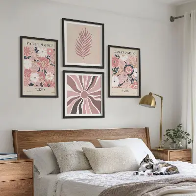 Set de 4 cuadros para salón con motivos de patrones florales, hojas y geometría