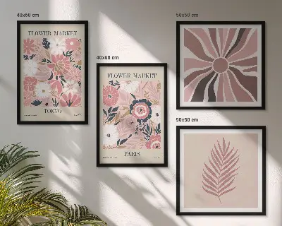 Set de 4 cuadros para salón con motivos de patrones florales, hojas y geometría