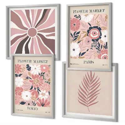 Set de 4 cuadros para salón con motivos de patrones florales, hojas y geometría