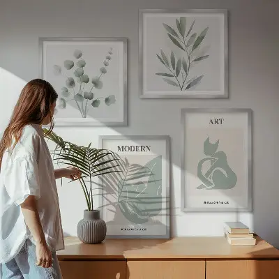 Set de cuadros modernos para salón motivos vegetales en verde delicado