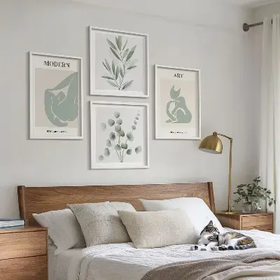 Set de cuadros modernos para salón motivos vegetales en verde delicado
