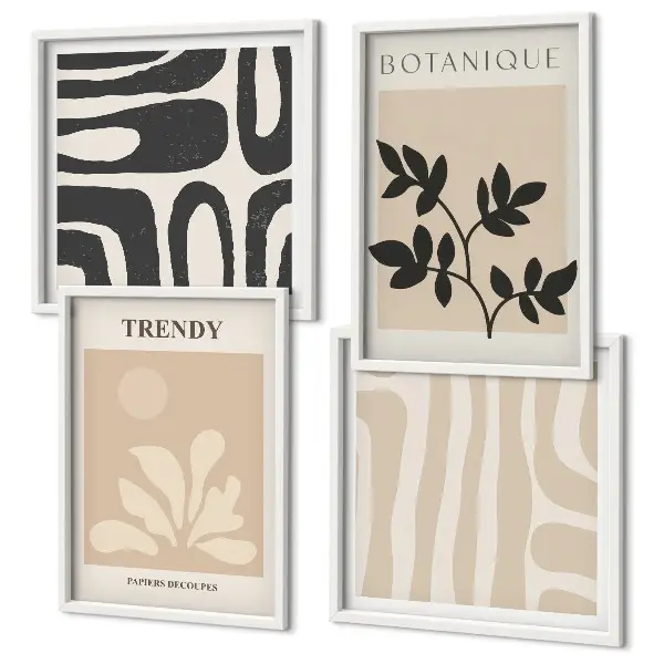 Set de cuadros modernos para salón con elegantes estampados de plantas en beige y negro