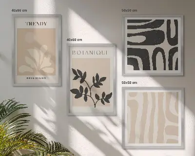 Set de cuadros modernos para salón con elegantes estampados de plantas en beige y negro