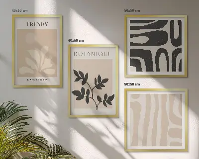 Set de cuadros modernos para salón con elegantes estampados de plantas en beige y negro