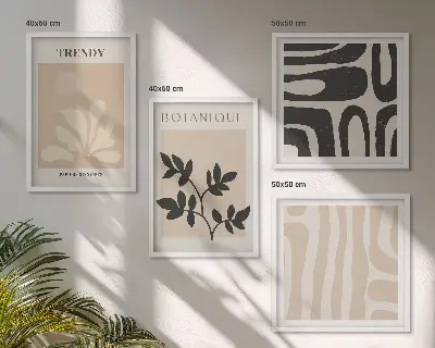 Set de cuadros modernos para salón con elegantes estampados de plantas en beige y negro