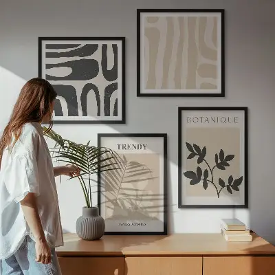 Set de cuadros modernos para salón con elegantes estampados de plantas en beige y negro
