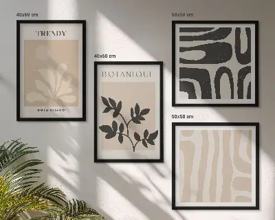 Set de cuadros modernos para salón con elegantes estampados de plantas en beige y negro