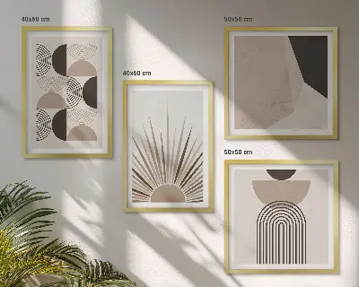 Set de 4 cuadros decorativos para salón con diseño de formas abstractas en tonos beige y marrón