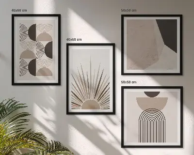 Set de 4 cuadros decorativos para salón con diseño de formas abstractas en tonos beige y marrón