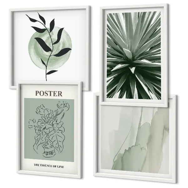 Set de cuadros modernos para salón con patrones de plantas en tonos verde y beige