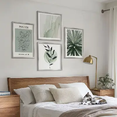Set de cuadros modernos para salón con patrones de plantas en tonos verde y beige