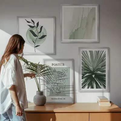 Set de cuadros modernos para salón con patrones de plantas en tonos verde y beige