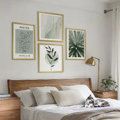 Set de cuadros modernos para salón con patrones de plantas en tonos verde y beige