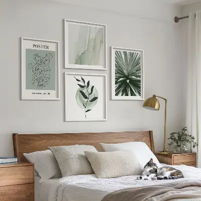Set de cuadros modernos para salón con patrones de plantas en tonos verde y beige