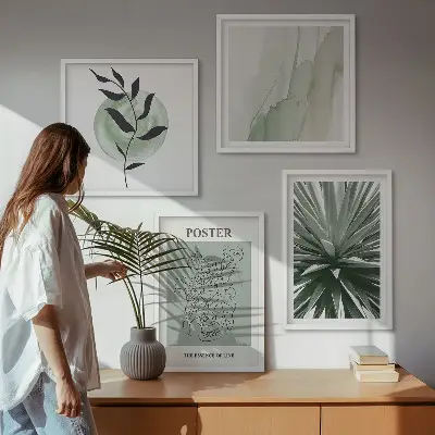 Set de cuadros modernos para salón con patrones de plantas en tonos verde y beige