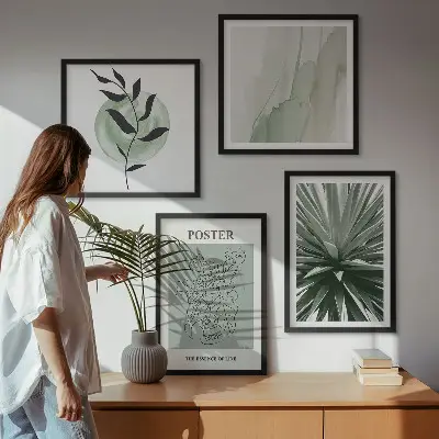 Set de cuadros modernos para salón con patrones de plantas en tonos verde y beige