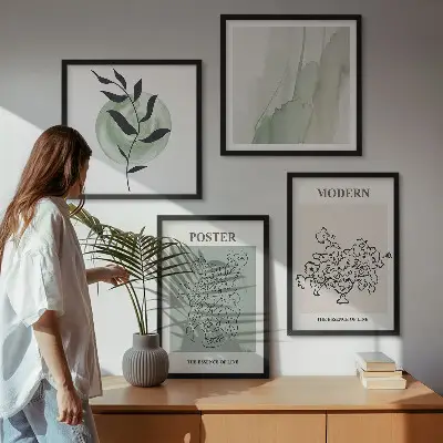 Set de 4 cuadros decorativos para salón con diseño de flores en un jarrón moderno