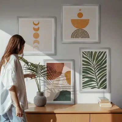 Set de 4 cuadros para salón con diseño de formas abstractas de hojas