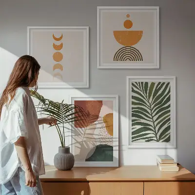 Set de 4 cuadros para salón con diseño de formas abstractas de hojas