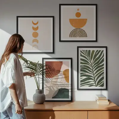 Set de 4 cuadros para salón con diseño de formas abstractas de hojas