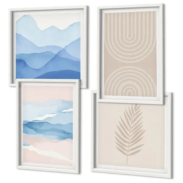 Set de 4 cuadros para salón diseño de hojas onduladas en tonos beige y azulado