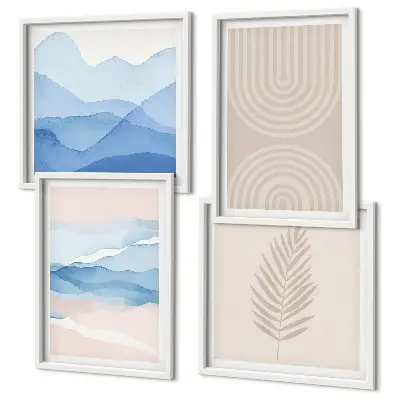 Set de 4 cuadros para salón diseño de hojas onduladas en tonos beige y azulado