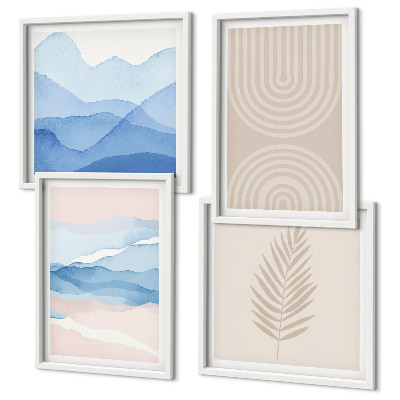Set de 4 cuadros para salón Hojas onduladas beige azulado