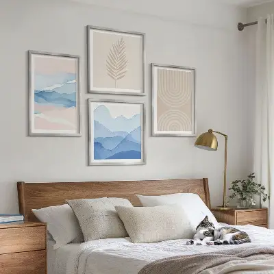 Set de 4 cuadros para salón diseño de hojas onduladas en tonos beige y azulado