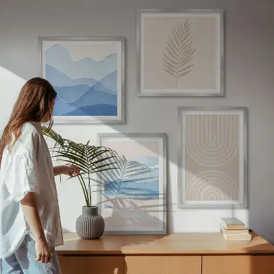 Set de 4 cuadros para salón diseño de hojas onduladas en tonos beige y azulado